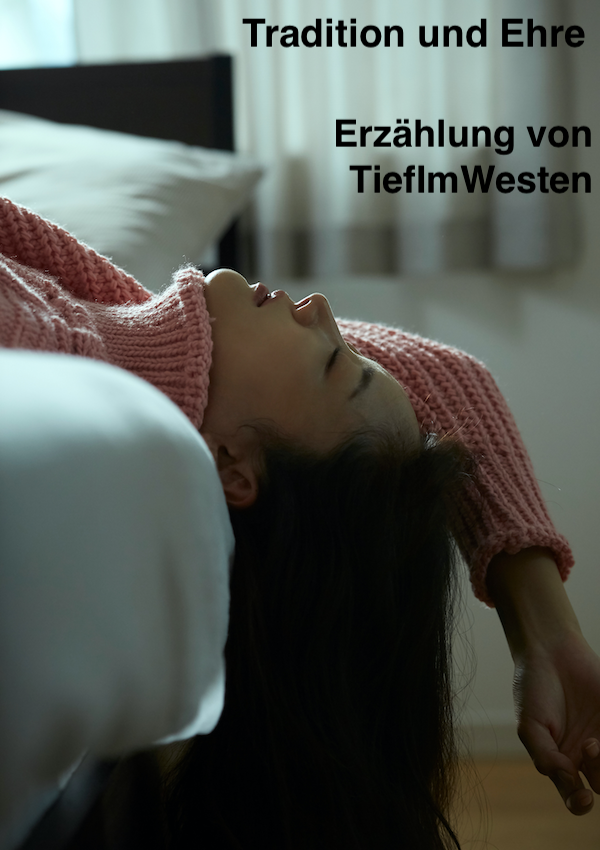erotische Geschichte Tradition und Ehre Tradition und Ehre, Frau liegt mit geschlossenen Augen, Kopf nach oben auf der Bettkante